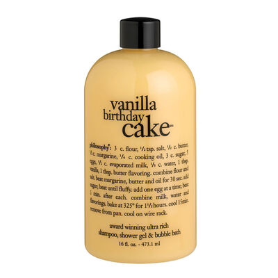 philosophy vanilla birthday cake shampoo, shower gel and bubble bath