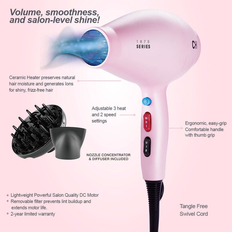 CHI 1875 Series Light Pink Advanced Ionic Hair Dryer image number 1