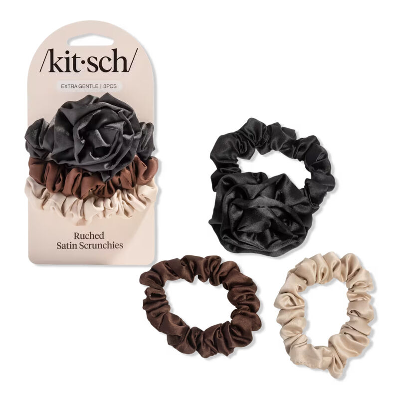 Kitsch Rosette Ruched Satin Scrunchies Black 3pc Set image number 0
