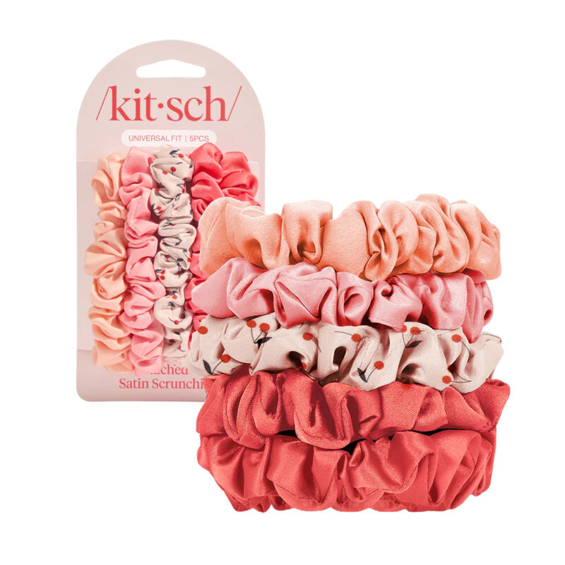 Kitsch Ruched Lace Scrunchies Cherry Lacquer & Dusty Pink 5pc Set image number 0