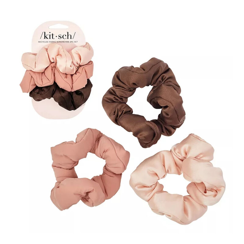 Kitsch Recycled Fabric Puffy Scrunchies 3pc Set - Rosewood image number 1